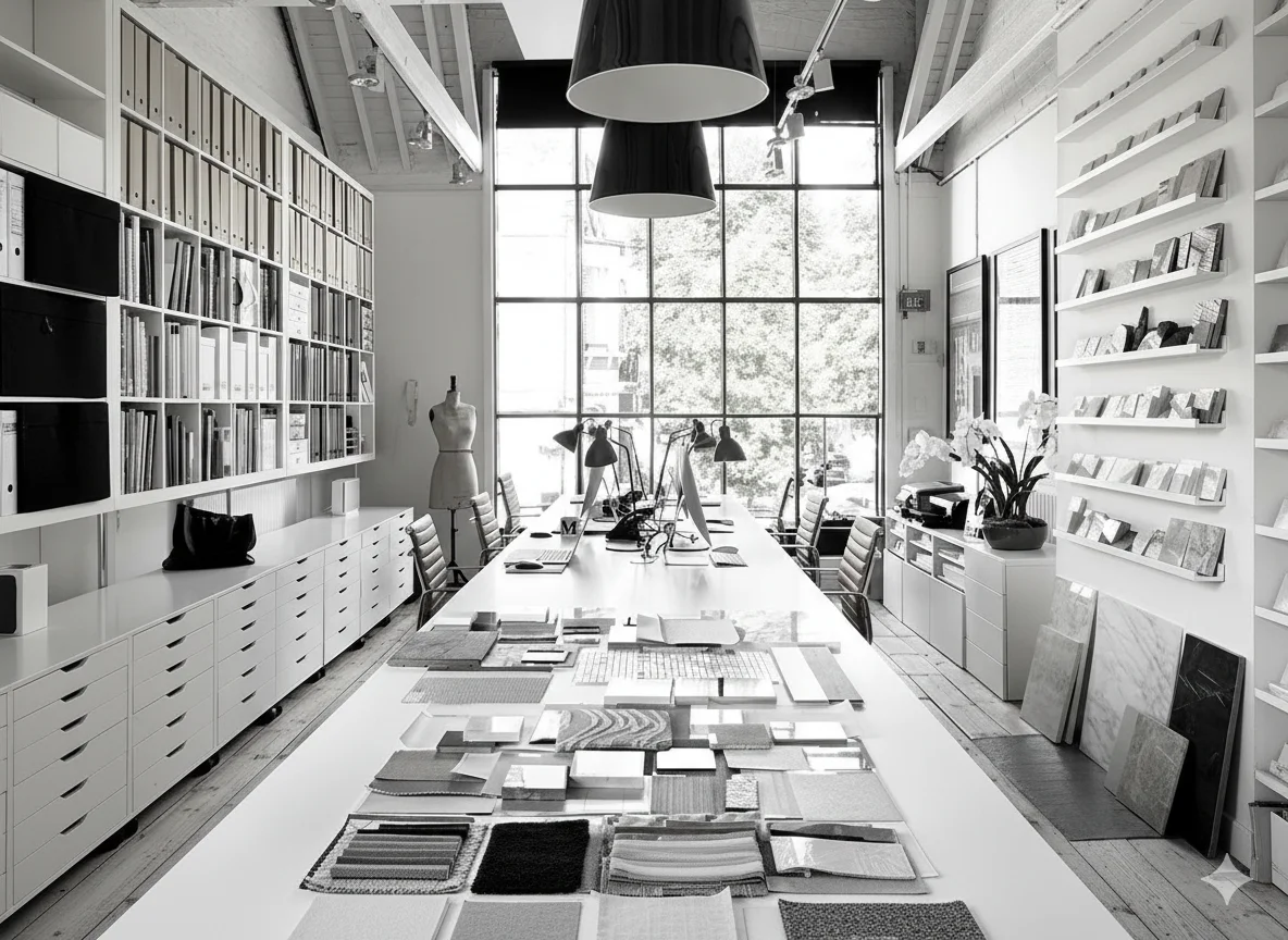 Design studio workspace with material samples
